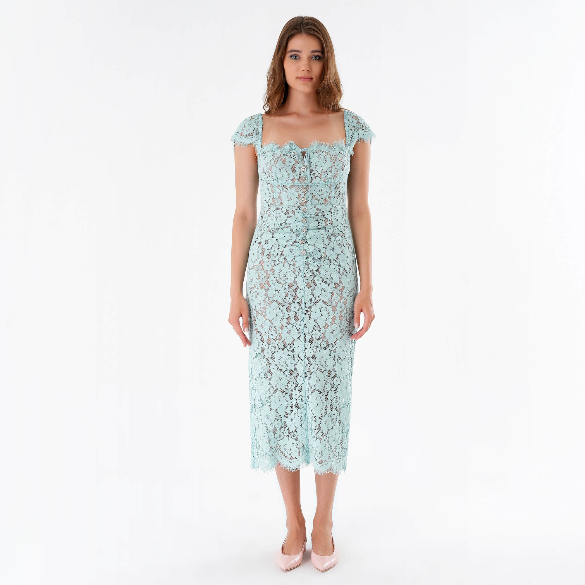 Self Portrait - Baby Blue Embellished Lace Midi Dress UK12Us8